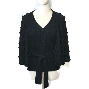 Rebecca Taylor Black V Neck Wide Sleeve Tie Waist Ribbed Wool Sweater Size XS